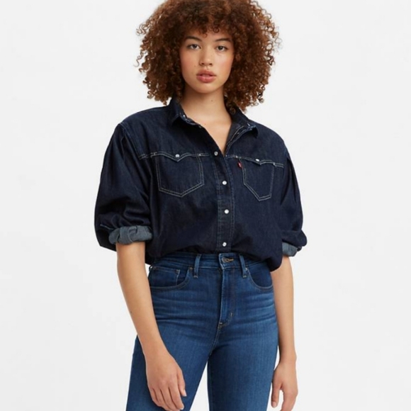 Levi's Payton Pearl Snap Denim Shirt Top Dark Wash Blouson Sleeve Medium - Picture 1 of 16